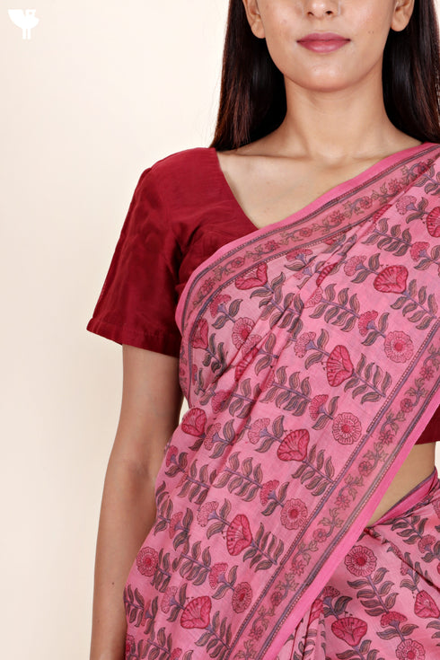 Chanderi Silk Saree In Floral Block Print